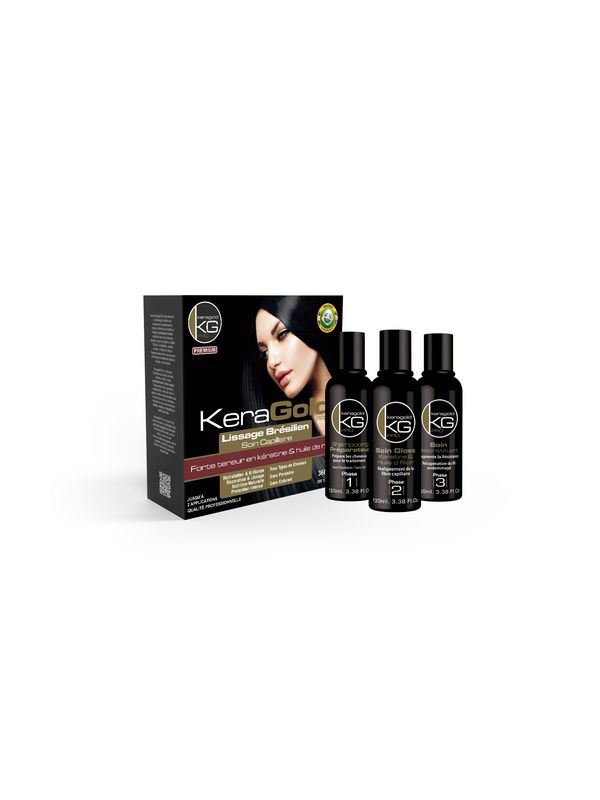KERAGOLD – Kit de lissage brésilien 3 x 120 ml – Kératine et Huile de ricin